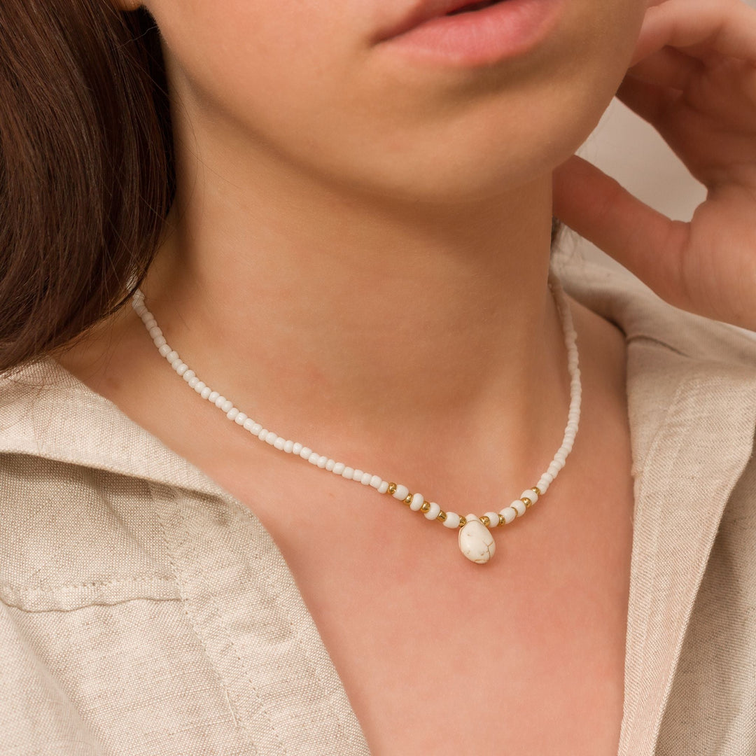 White Beaded Drop Pendant Necklace