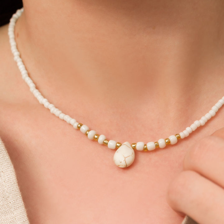 White Beaded Drop Pendant Necklace