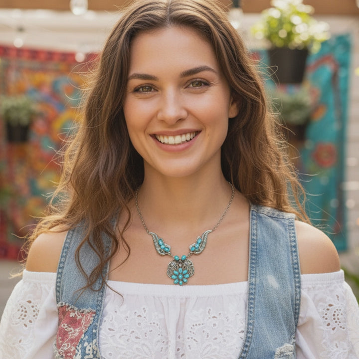 Silver-tone Wings Turquoise Bloom Necklace